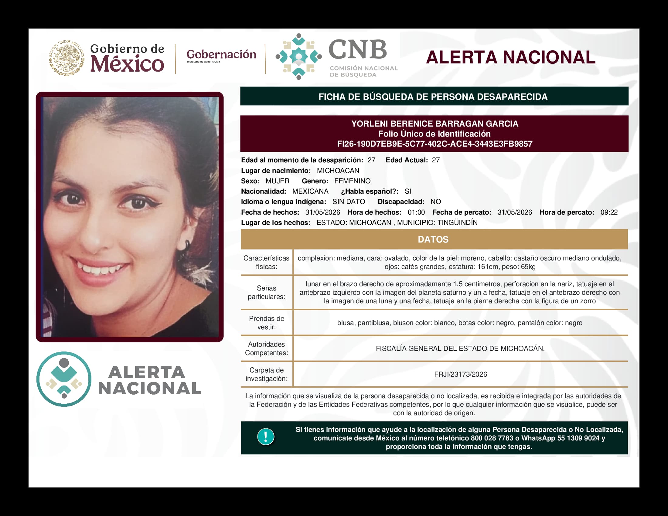 Persona desaparecida Yorleni Berenice Barragan Garcia