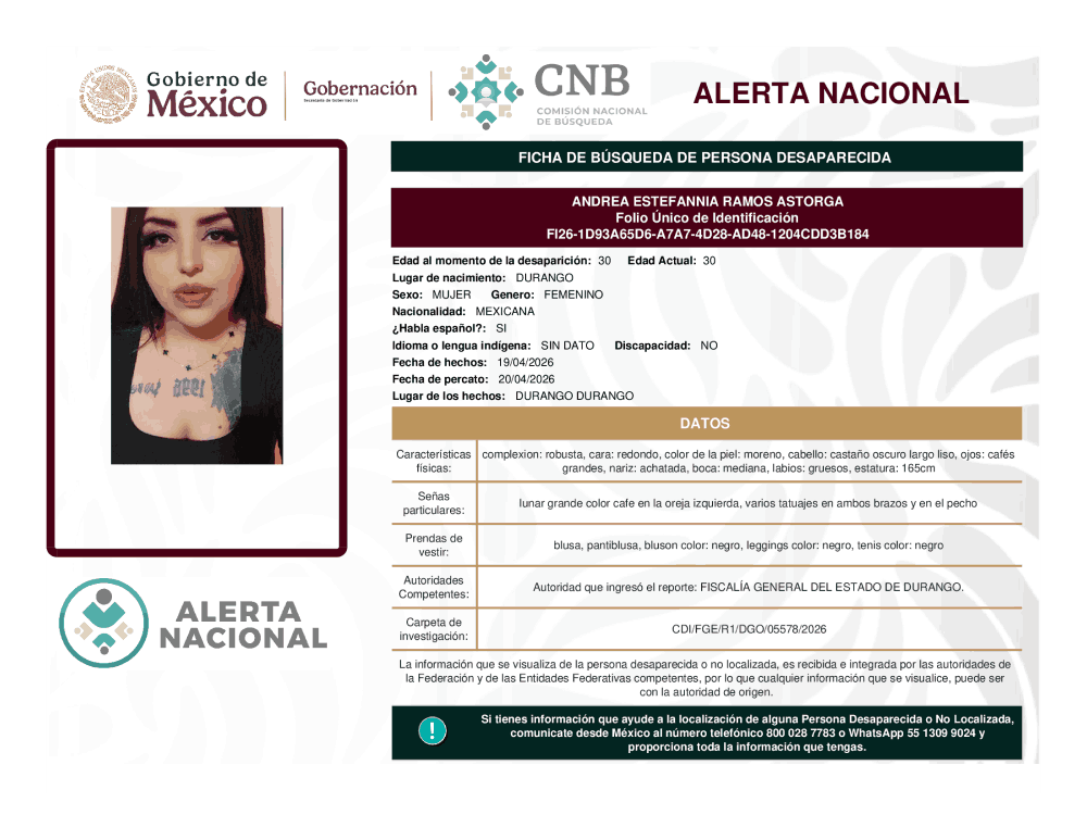 Persona desaparecida Andrea Estefannia Ramos Astorga