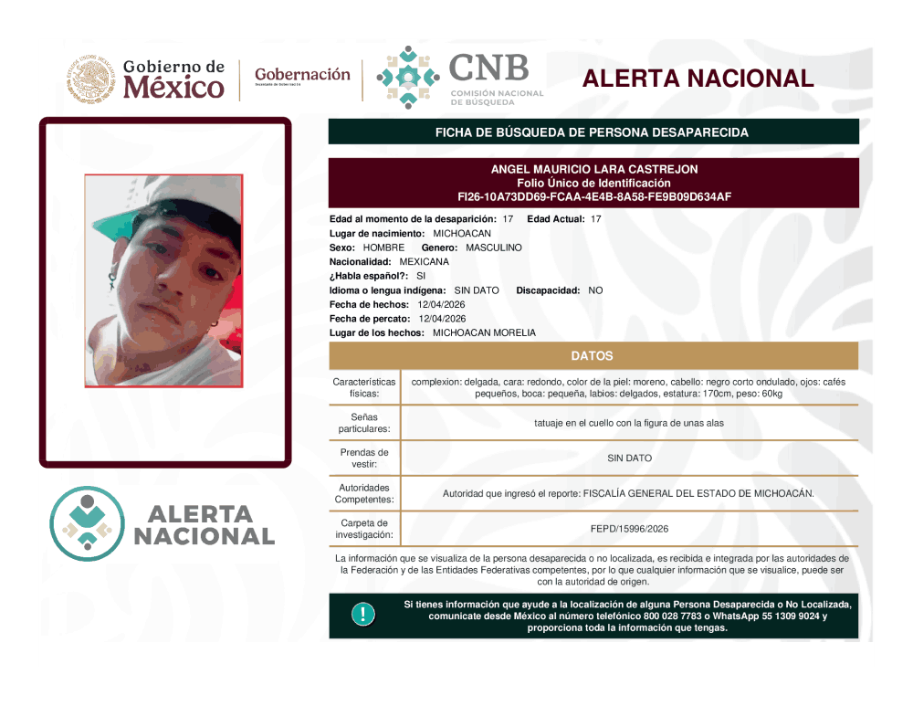Persona desaparecida Ángel Mauricio Lara Castrejon