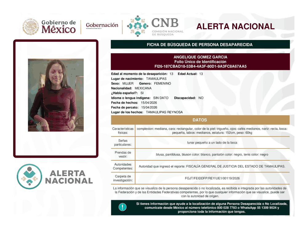 Persona desaparecida Angelique Gómez García