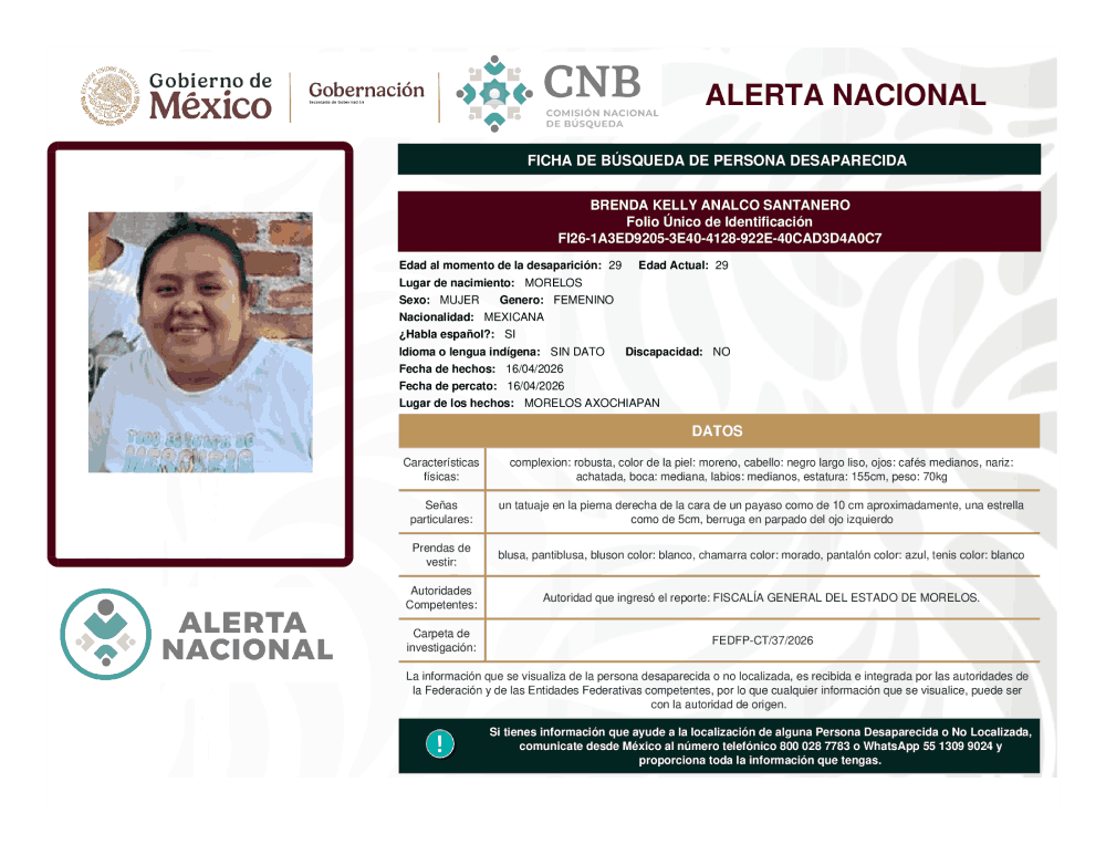 Persona desaparecida Brenda Kelly Analco Santanero