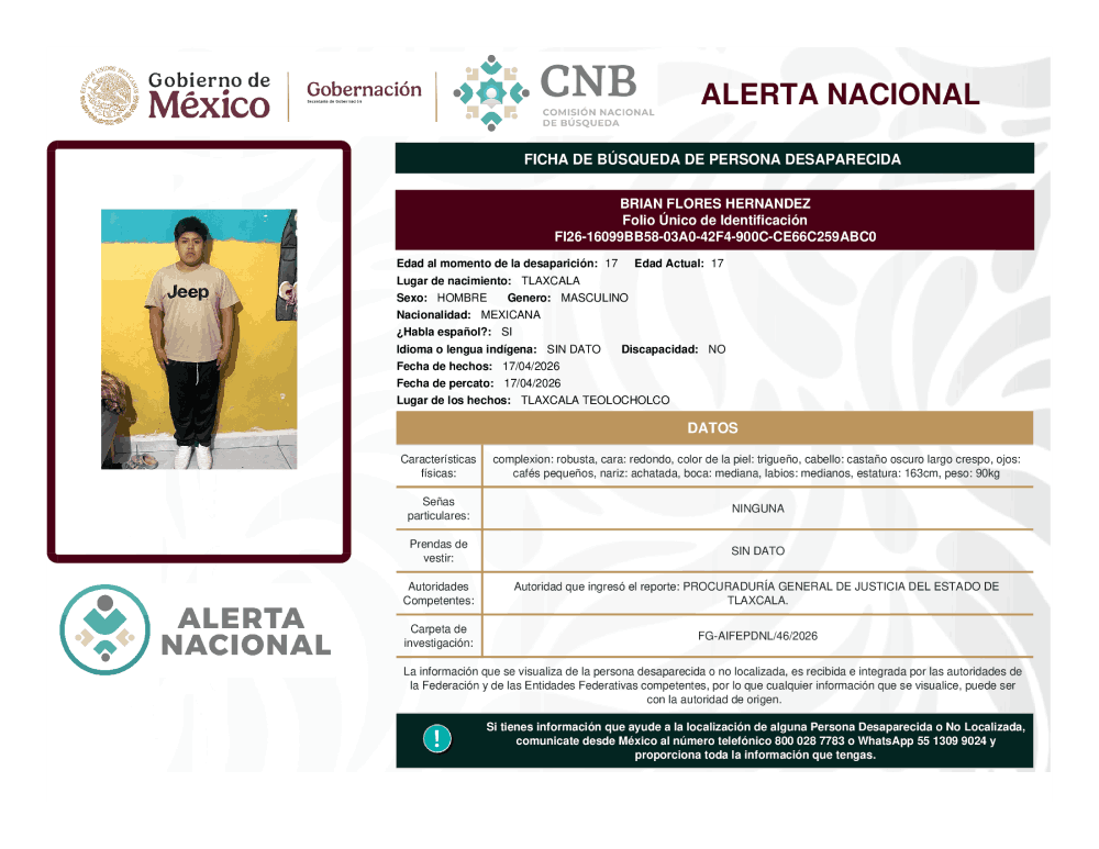Persona desaparecida Brian Flores Hernández