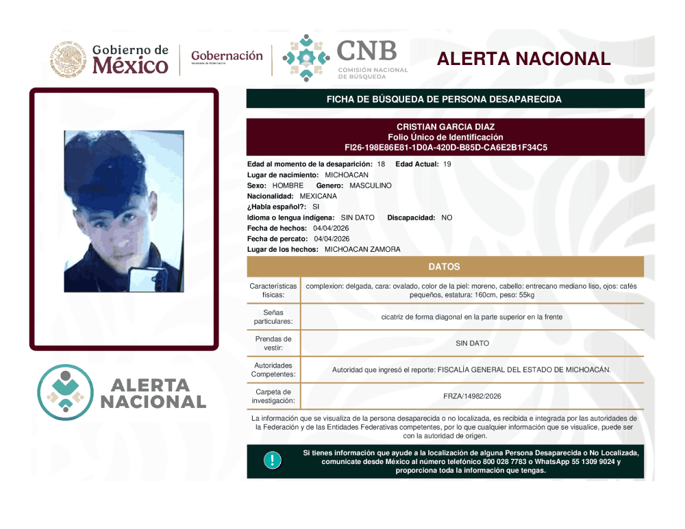 Persona desaparecida Cristian García Díaz