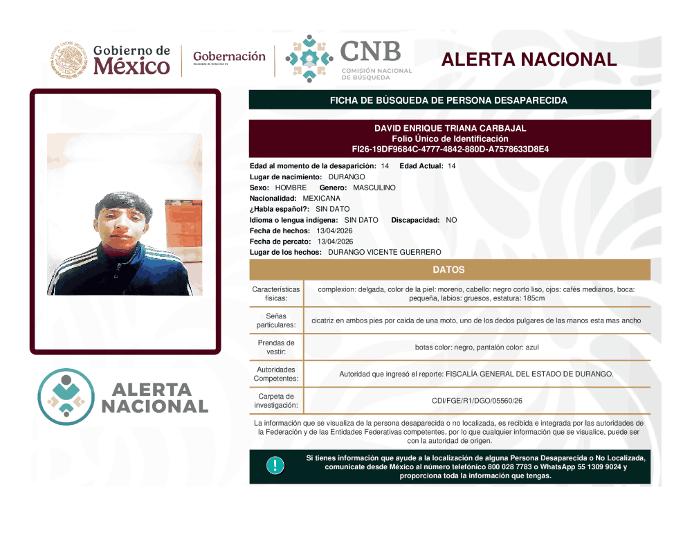 Persona desaparecida David Enrique Triana Carbajal