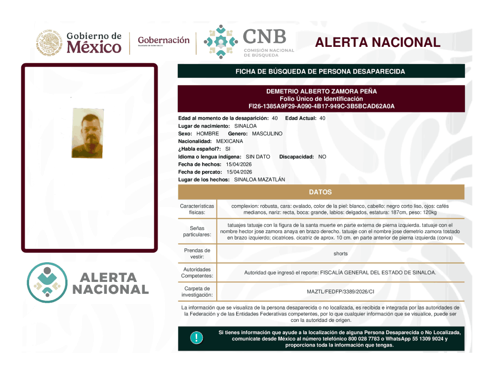 Persona desaparecida Demetrio Alberto Zamora Pena