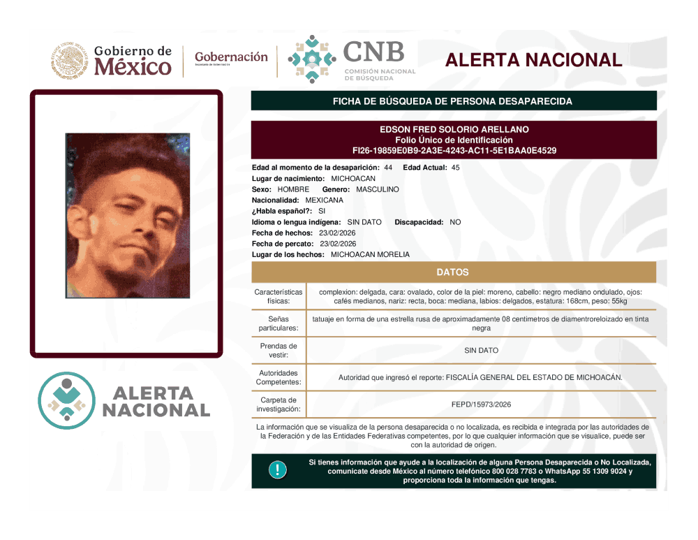 Persona desaparecida Edson Fred Solorio Arellano