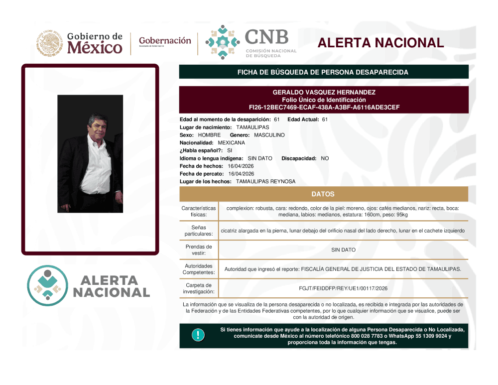 Persona desaparecida Geraldo Vásquez Hernández