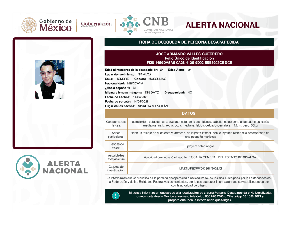 Persona desaparecida José Armando Valles Guerrero