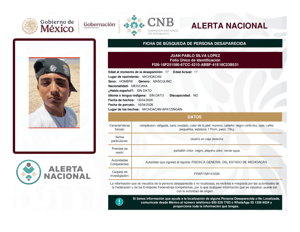 Persona desaparecida Juan Pablo Silva López