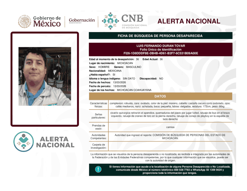 Persona desaparecida Luis Fernando Duran Tovar