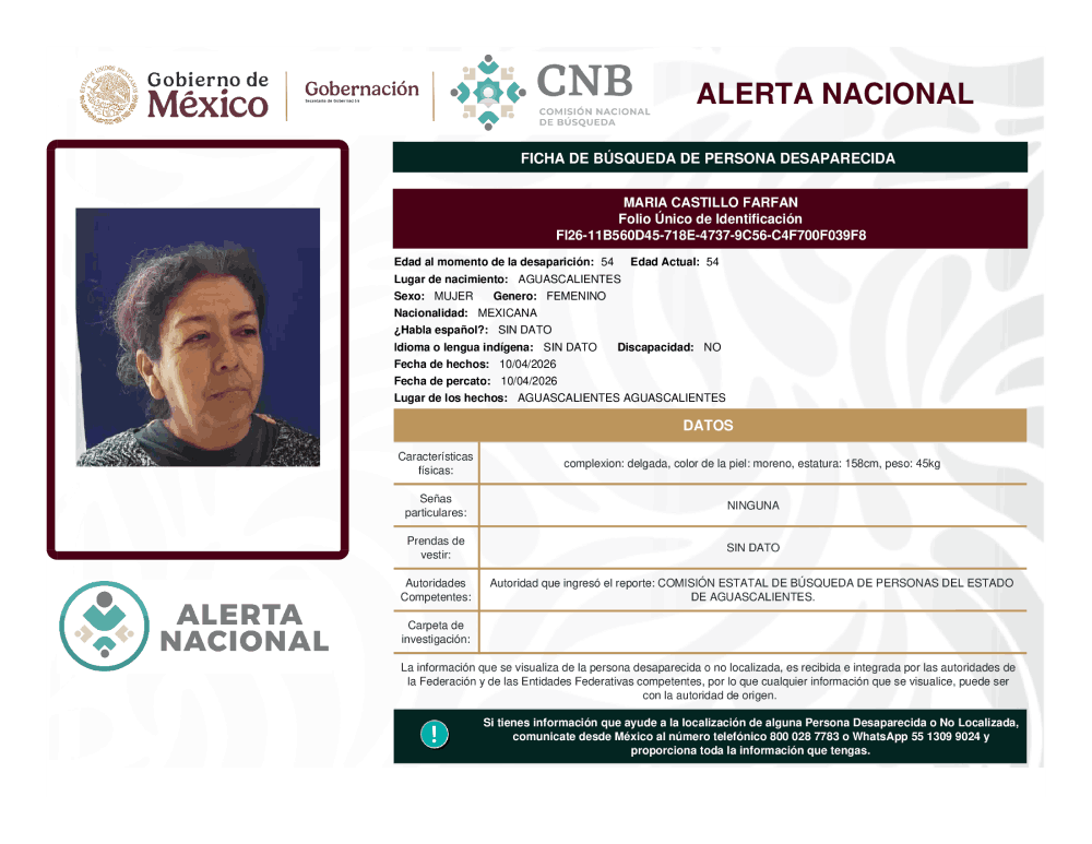 Persona desaparecida María Castillo Farfan
