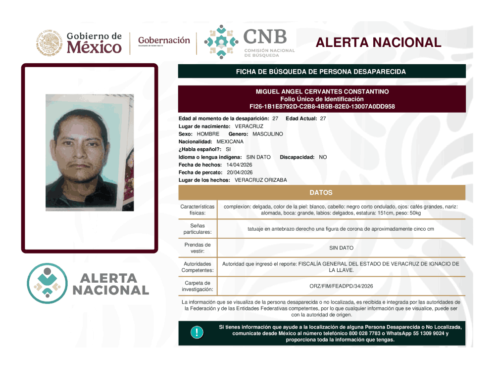 Persona desaparecida Miguel Ángel Cervantes Constantino