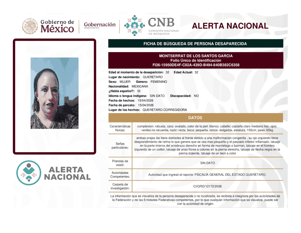 Persona desaparecida Montserrat de los Santos García