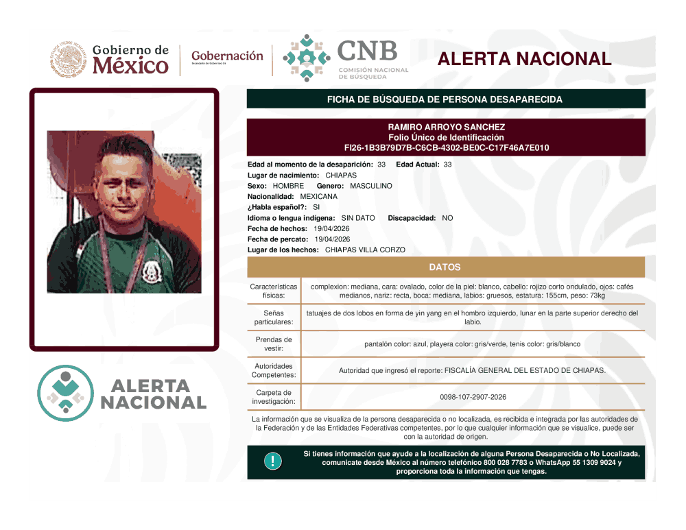 Persona desaparecida Ramiro Arroyo Sánchez