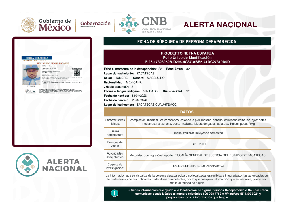 Persona desaparecida Rigoberto Reyna Esparza