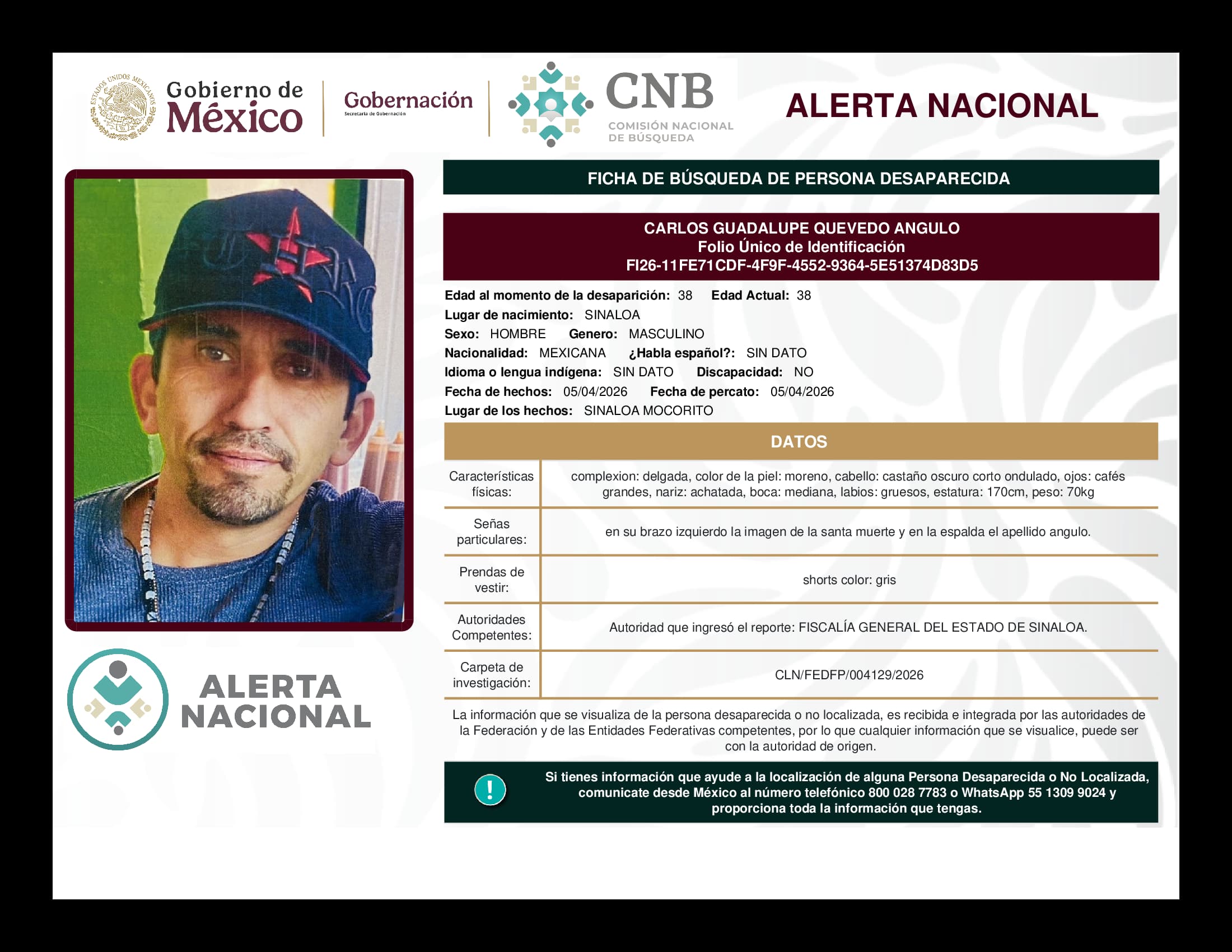 Persona desaparecida Carlos Guadalupe Quevedo Angulo