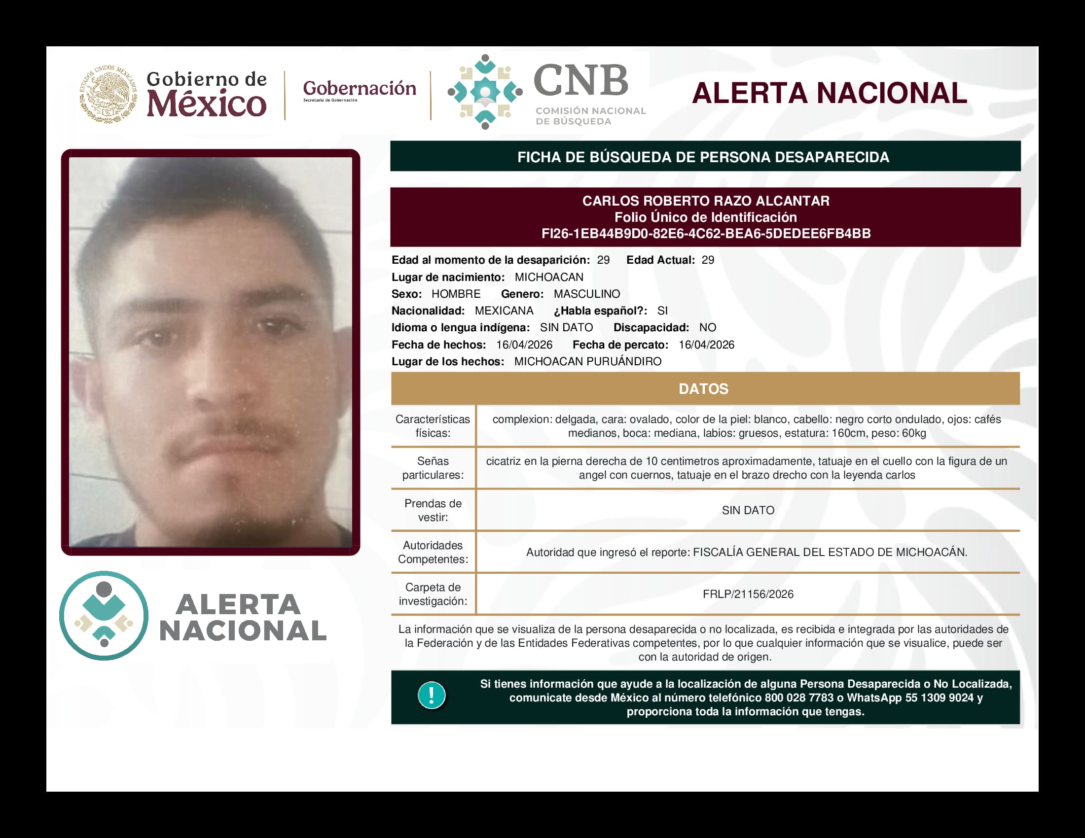 Persona desaparecida Carlos Roberto Razo Alcantar