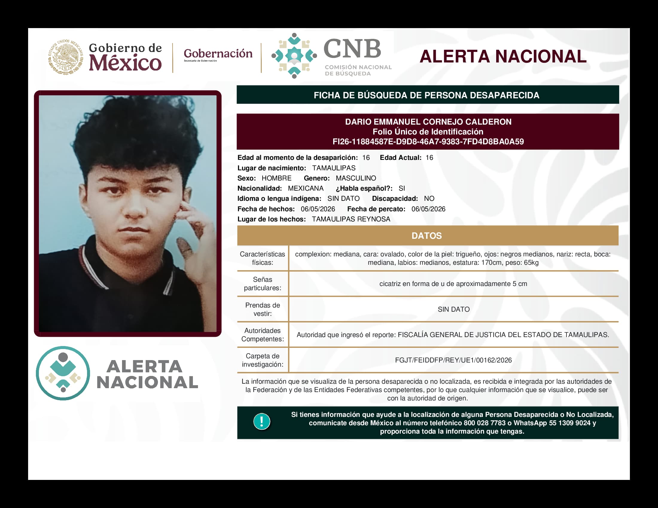 Persona desaparecida Dario Emmanuel Cornejo Calderon