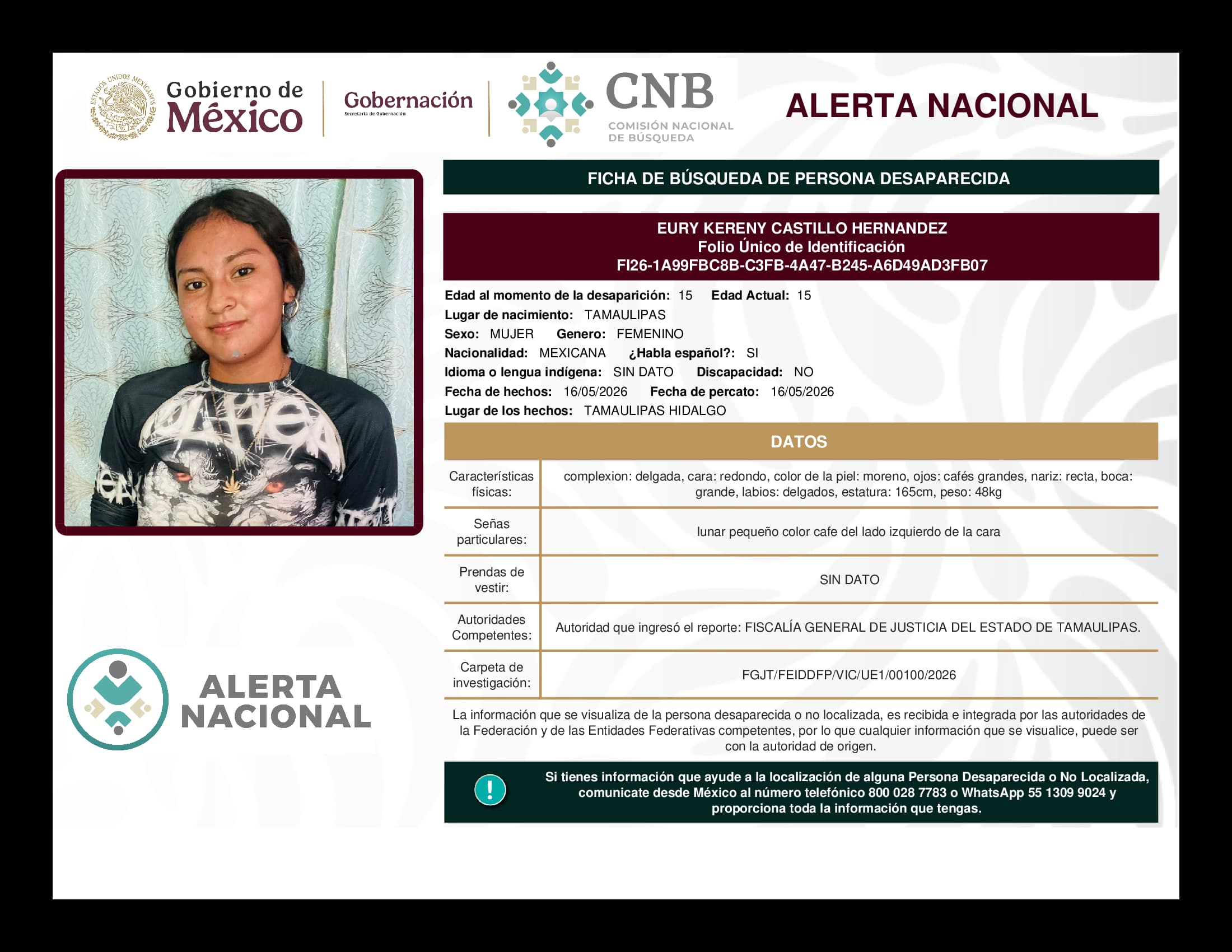 Persona desaparecida Eury Kereny Castillo Hernandez