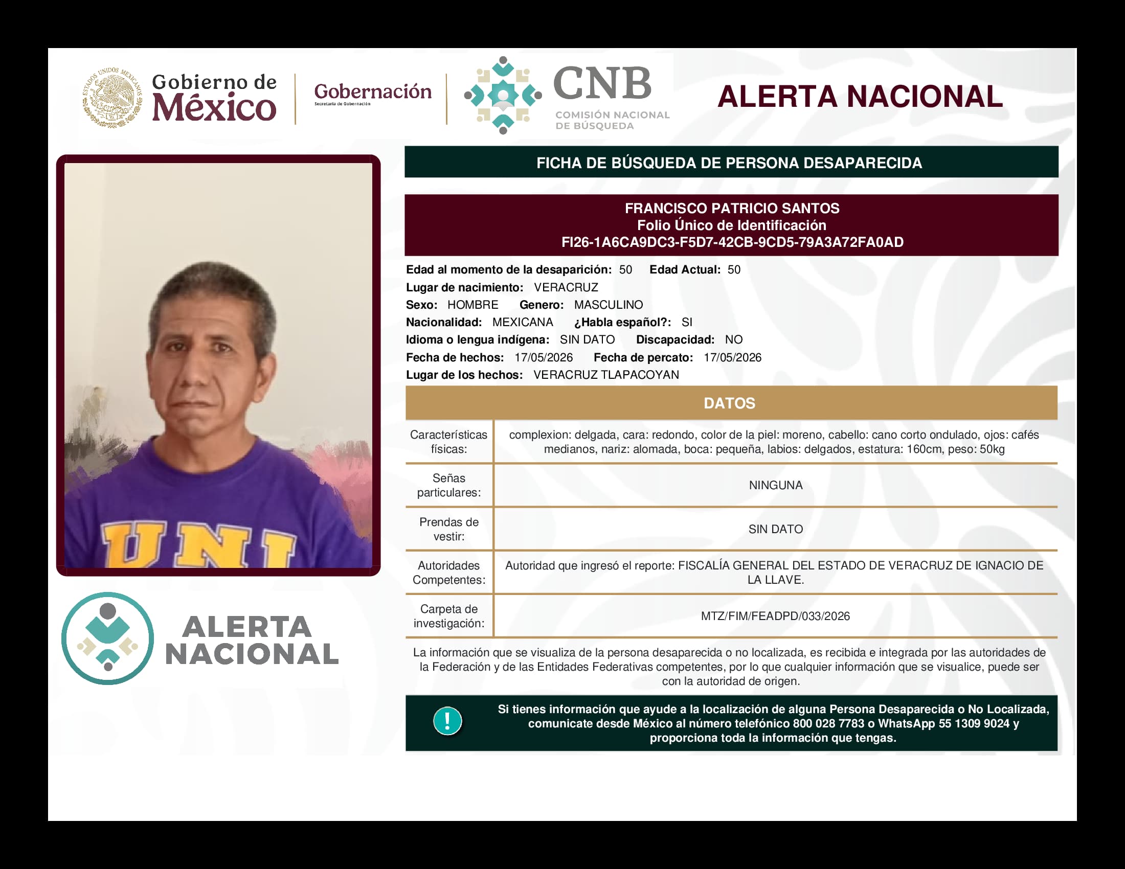 Persona desaparecida Francisco Patricio Santos