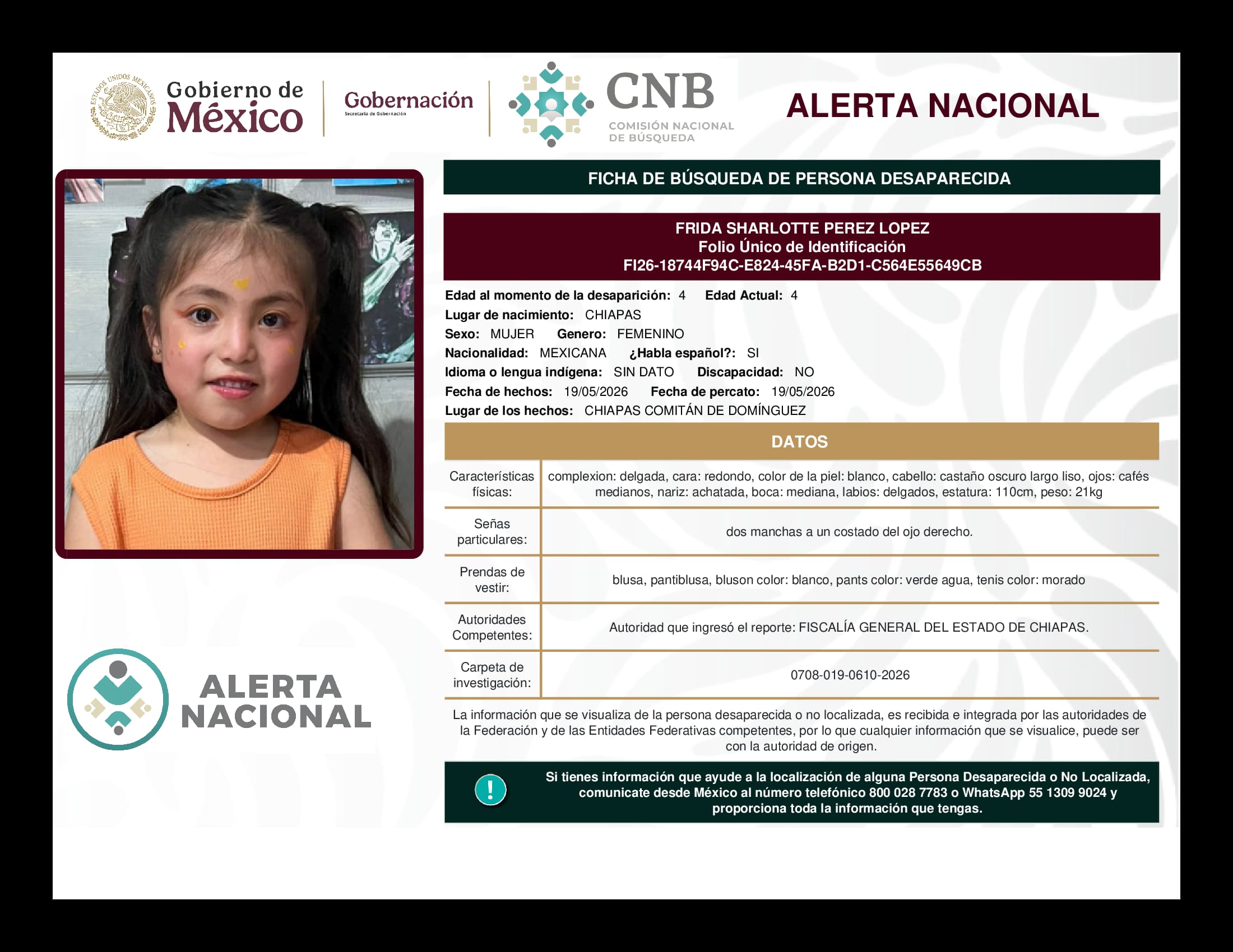 Persona desaparecida Frida Sharlotte Perez Lopez