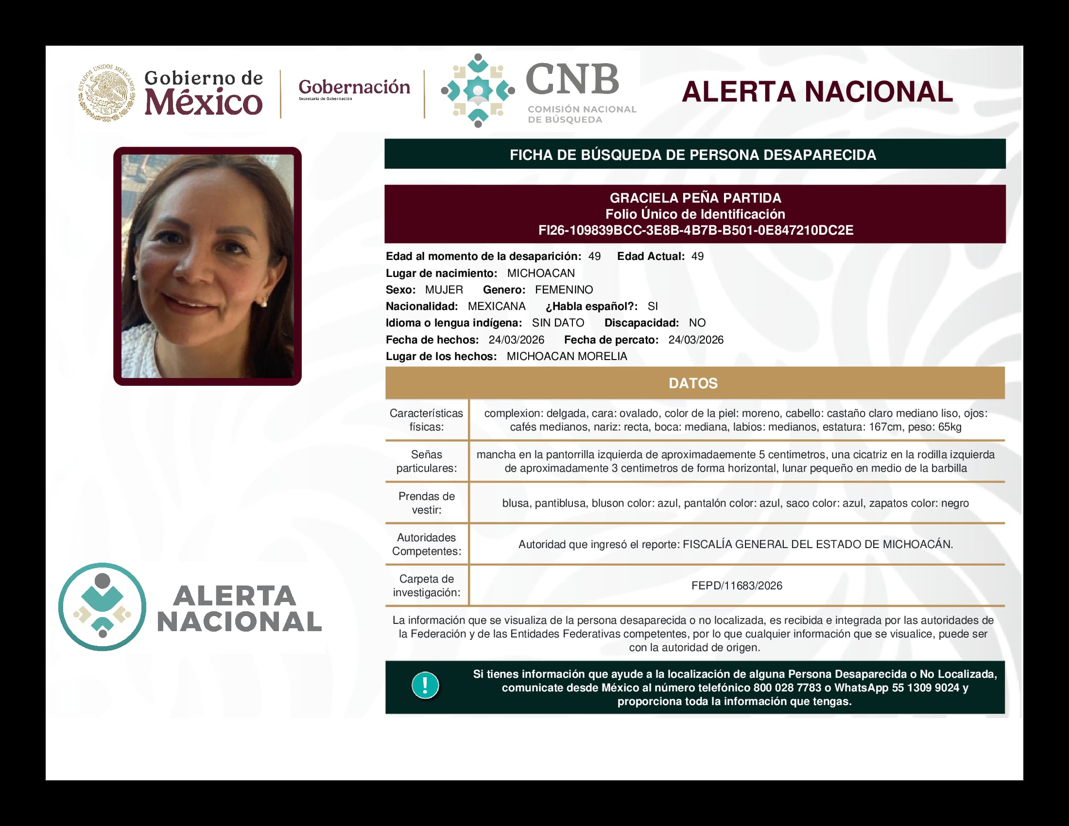 Persona desaparecida Graciela Peña Partida