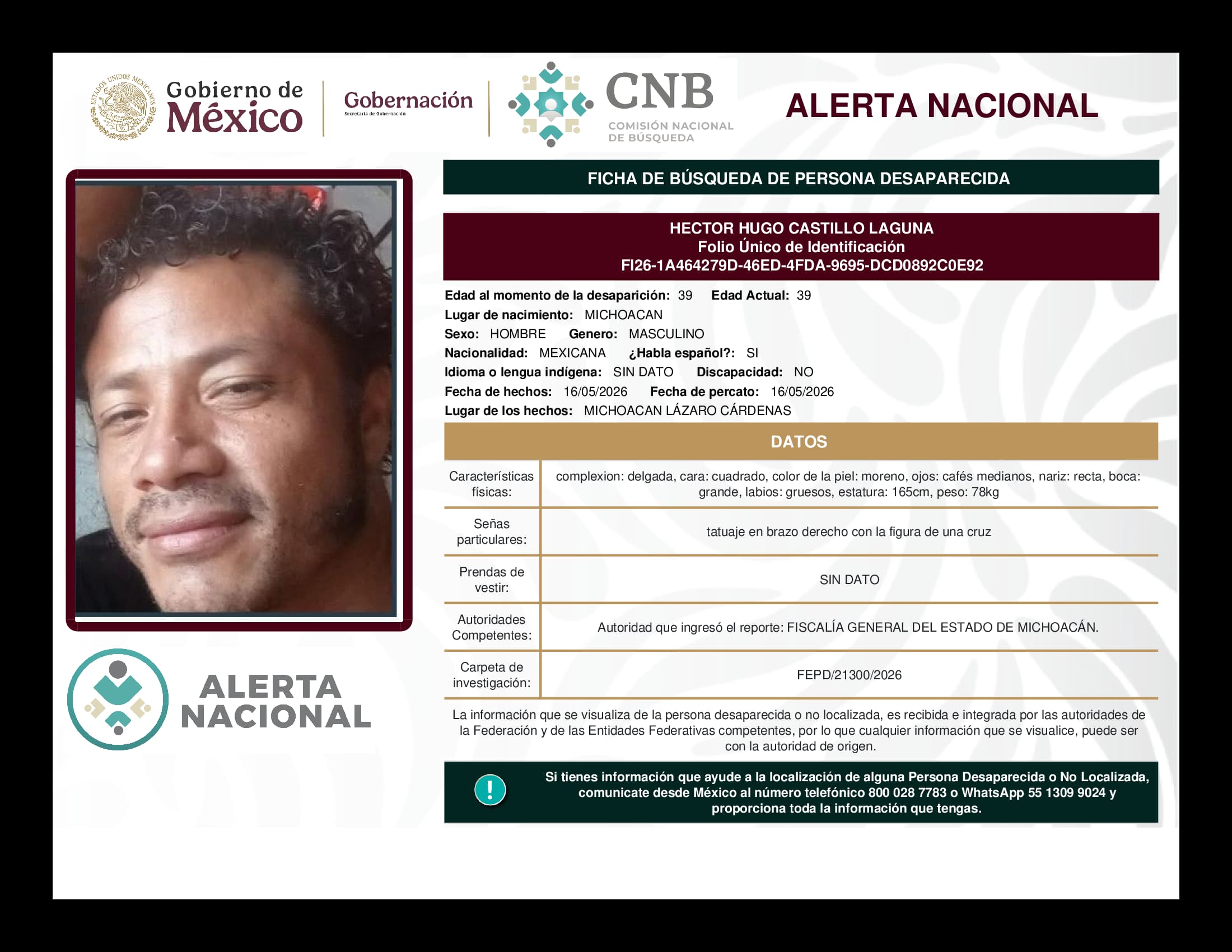 Persona desaparecida Hector Hugo Castillo Laguna