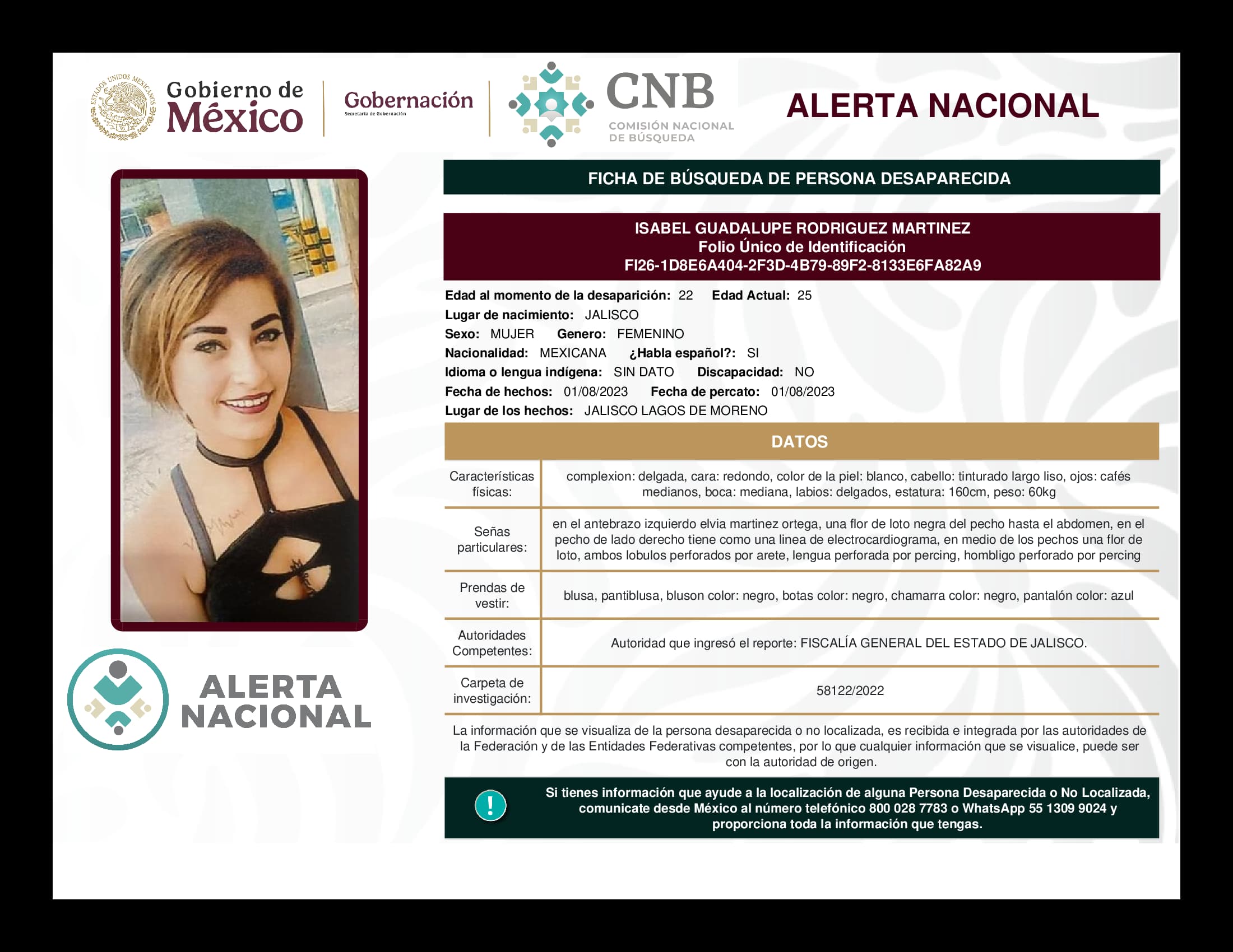 Persona desaparecida Isabel Guadalupe Rodriguez Martinez