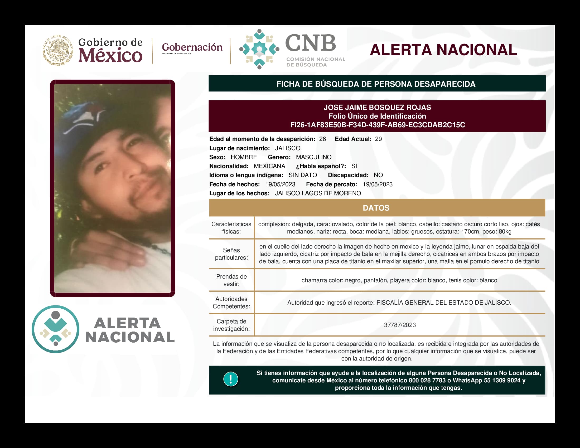 Persona desaparecida Jose Jaime Bosquez Rojas