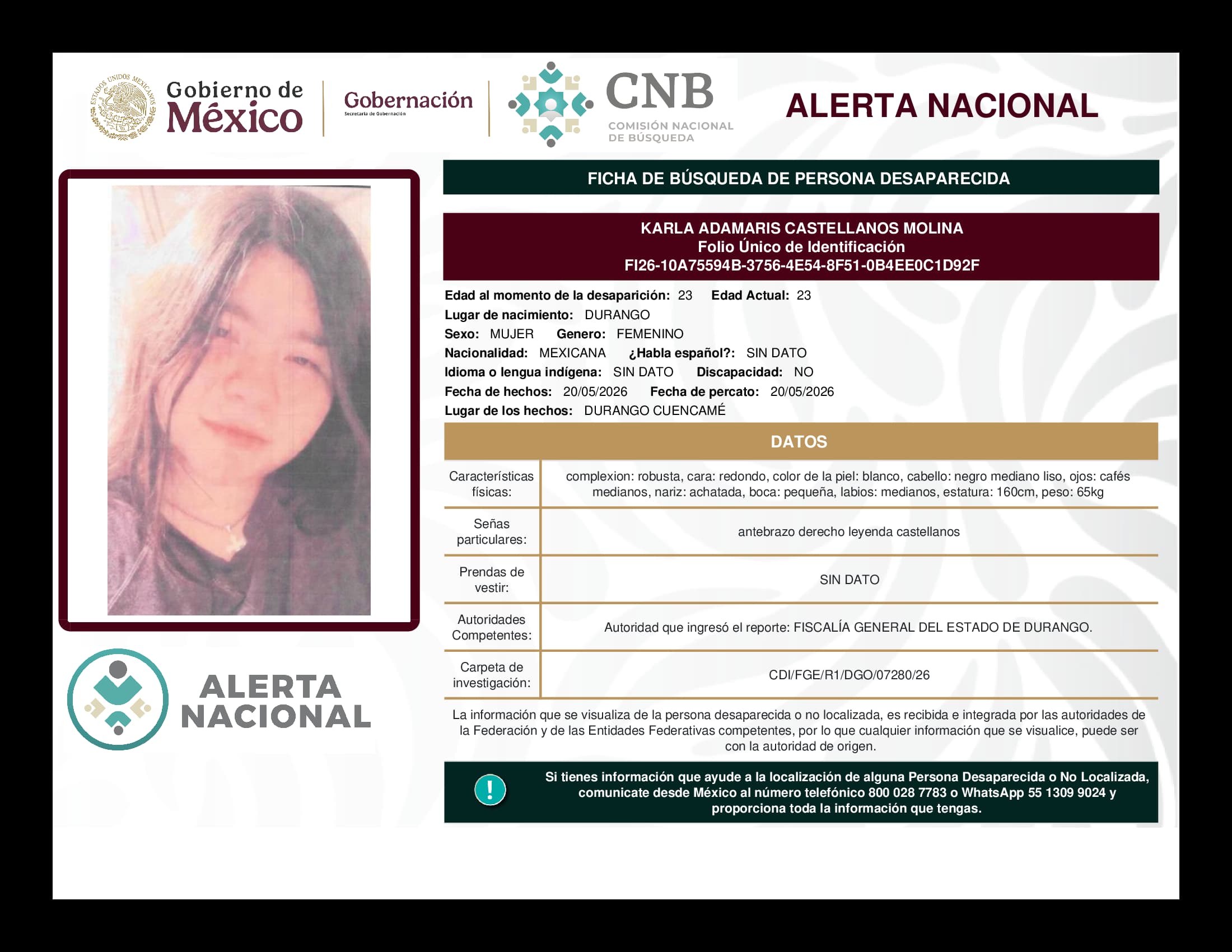 Persona desaparecida Karla Adamaris Castellanos Molina