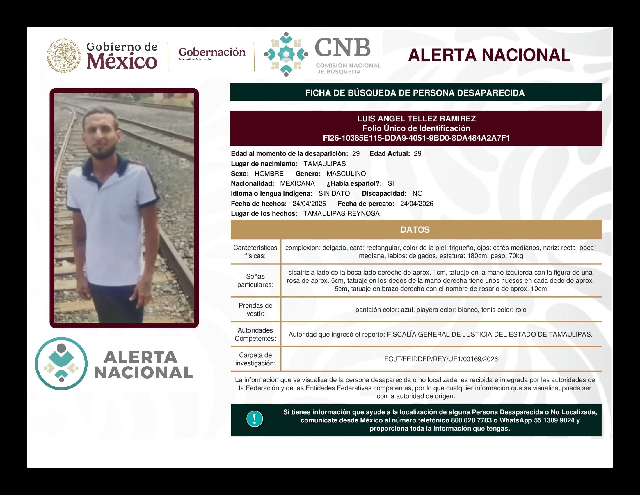 Persona desaparecida Luis Angel Tellez Ramirez