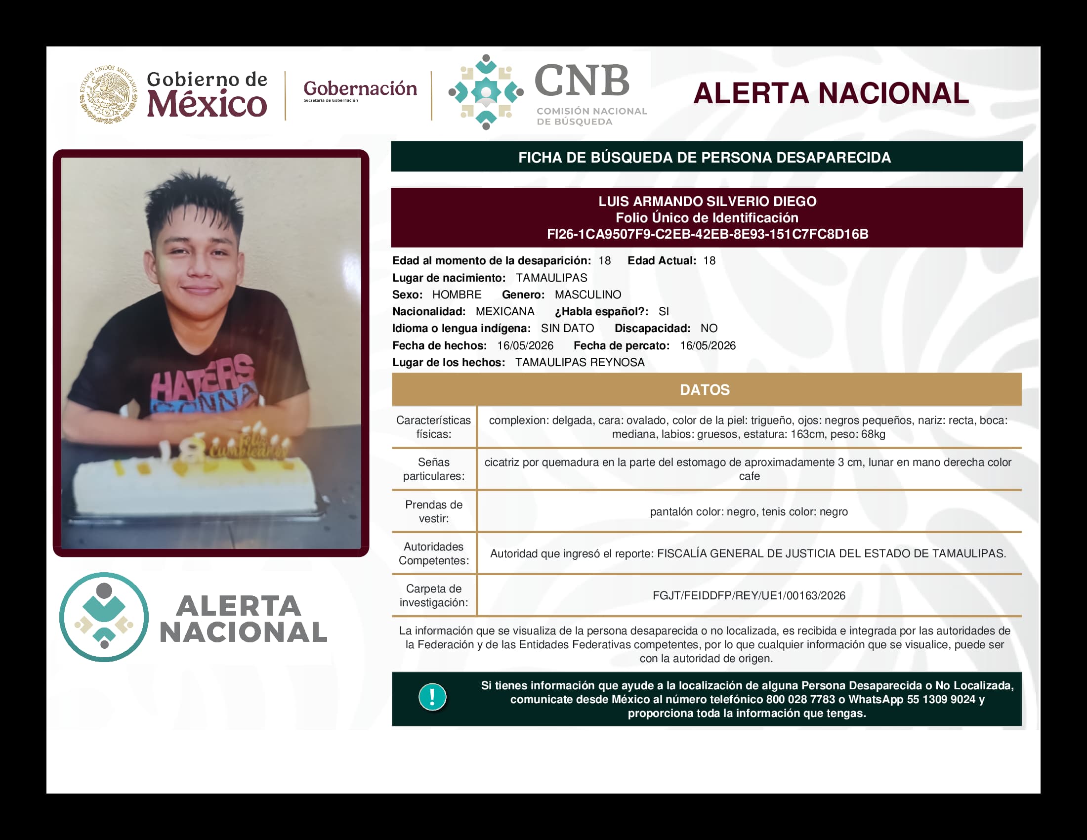 Persona desaparecida Luis Armando Silverio Diego