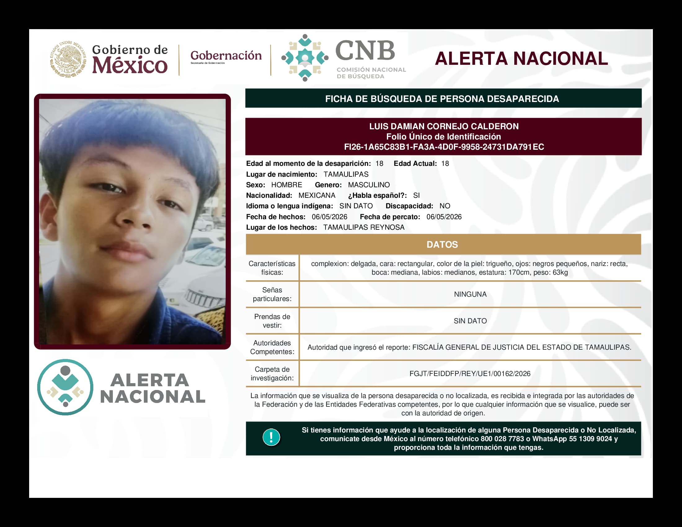 Persona desaparecida Luis Damian Cornejo Calderon