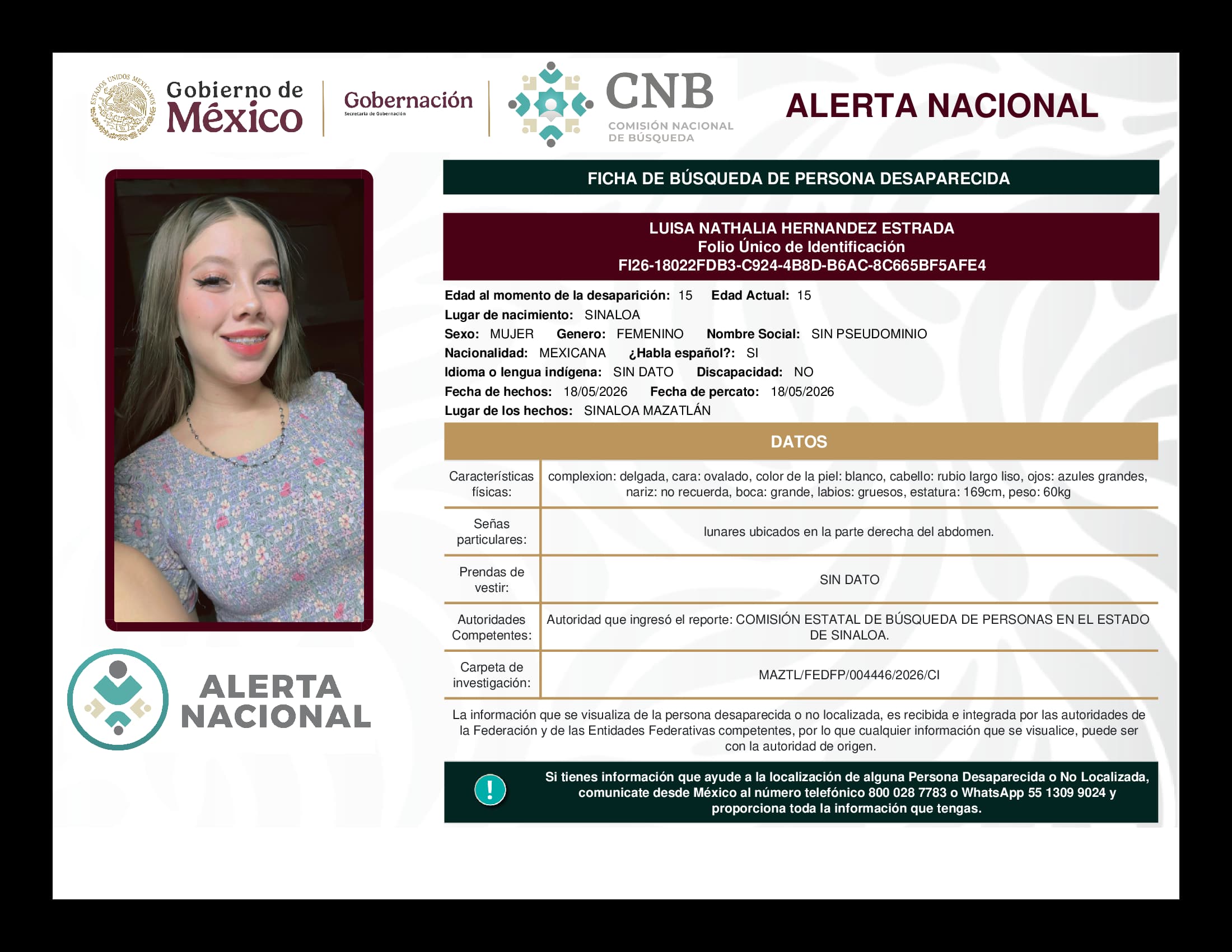 Persona desaparecida Luisa Nathalia Hernandez Estrada