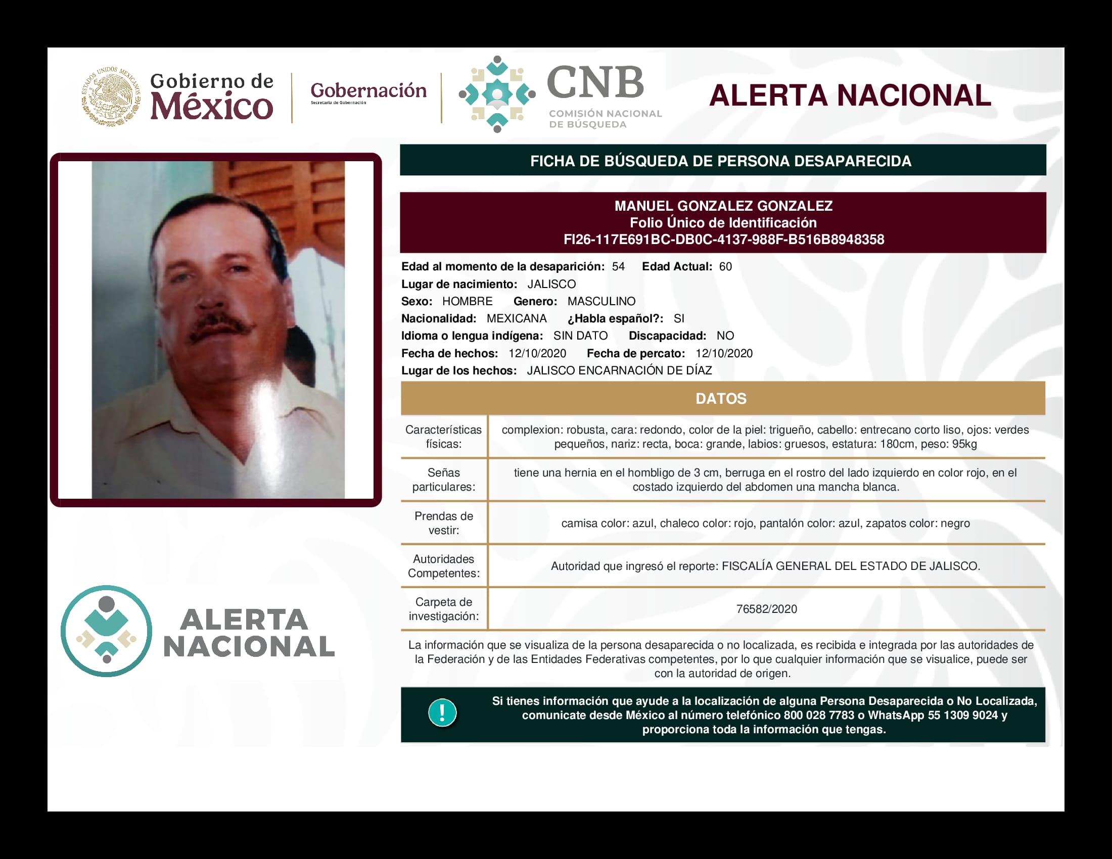 Persona desaparecida Manuel Gonzalez Gonzalez