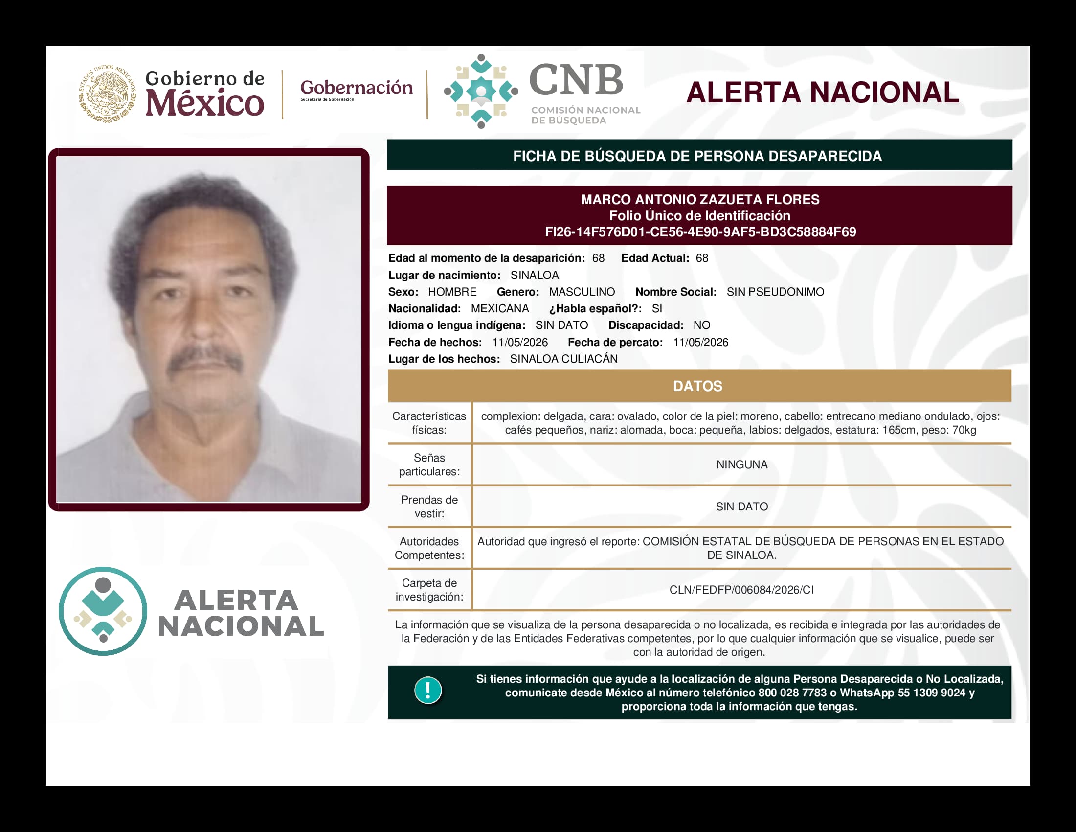 Persona desaparecida Marco Antonio Zazueta Flores