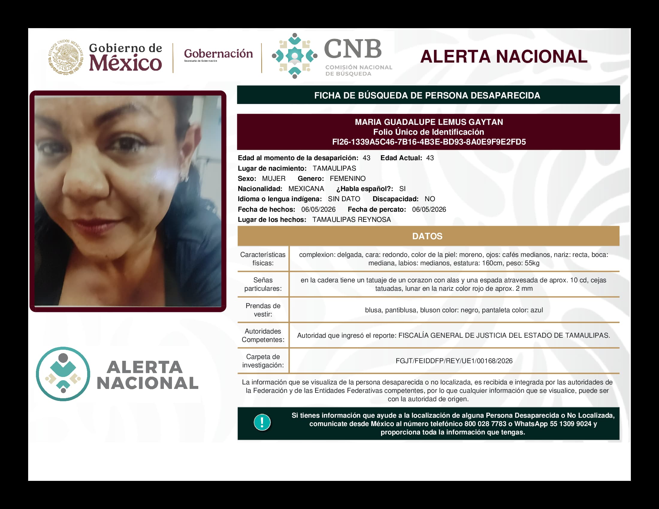 Persona desaparecida Maria Guadalupe Lemus Gaytan