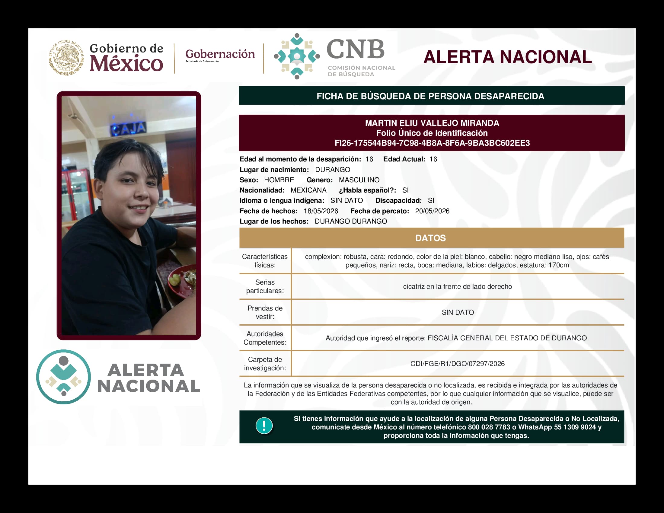 Persona desaparecida Martin Eliu Vallejo Miranda