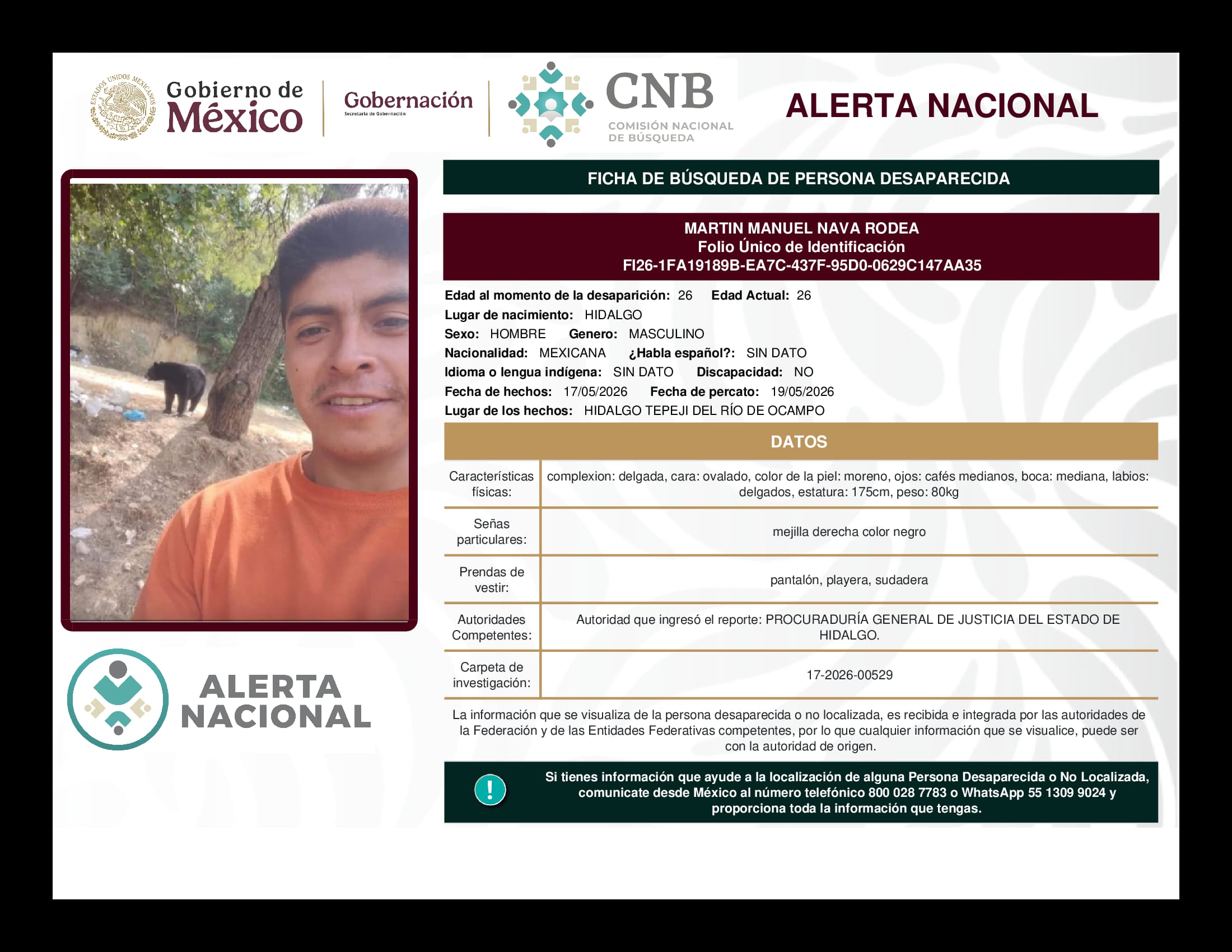 Persona desaparecida Martin Manuel Nava Rodea