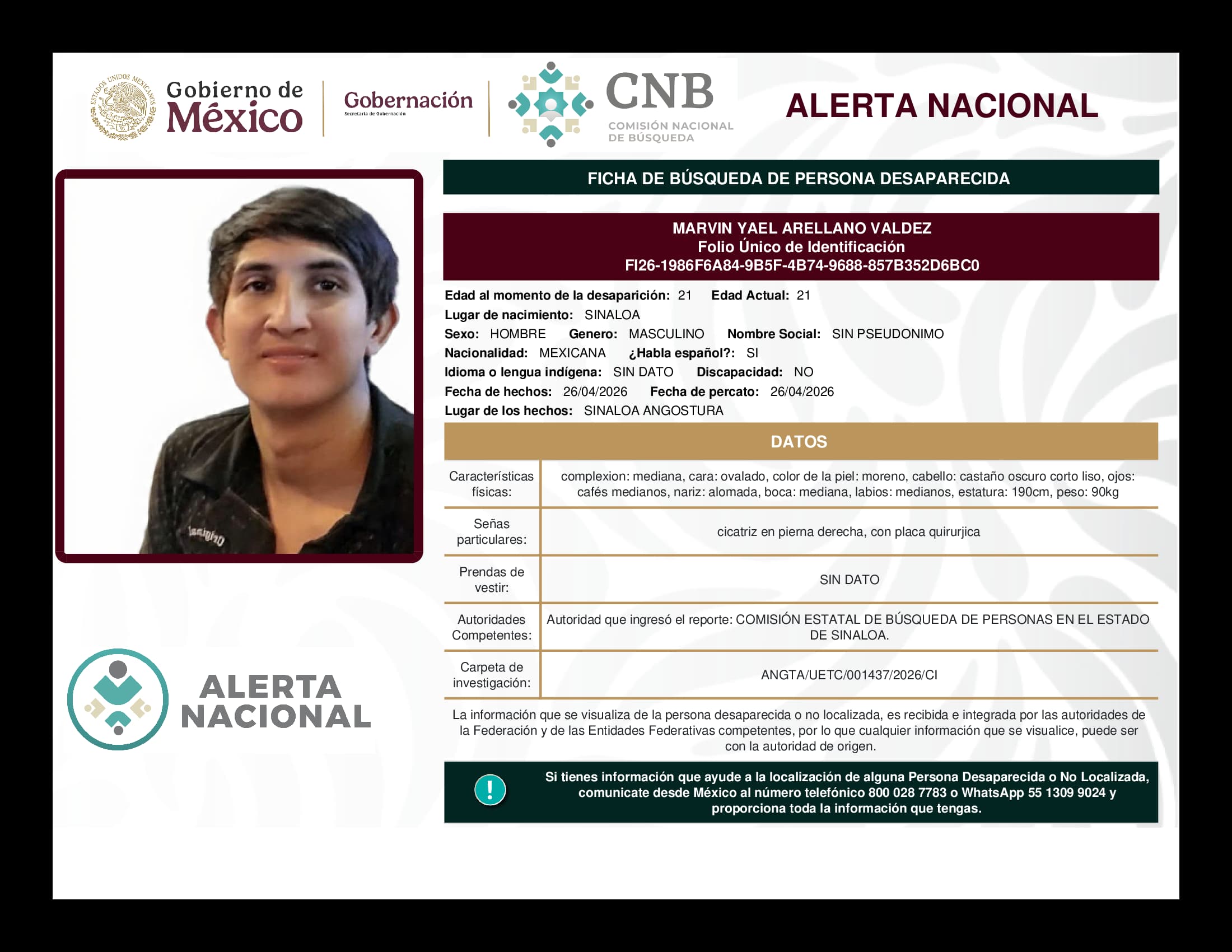 Persona desaparecida Marvin Yael Arellano Valdez