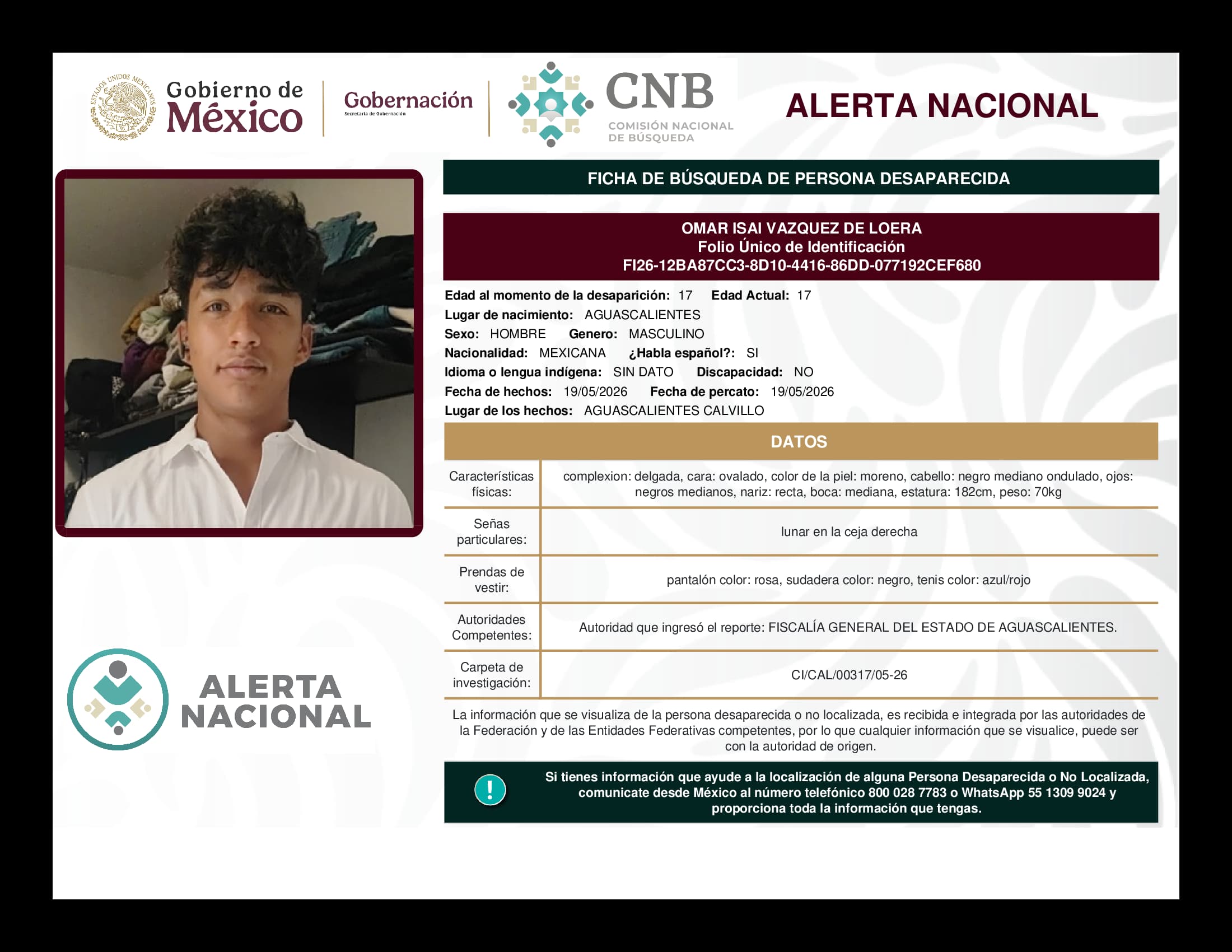 Persona desaparecida Omar Isai Vazquez De Loera