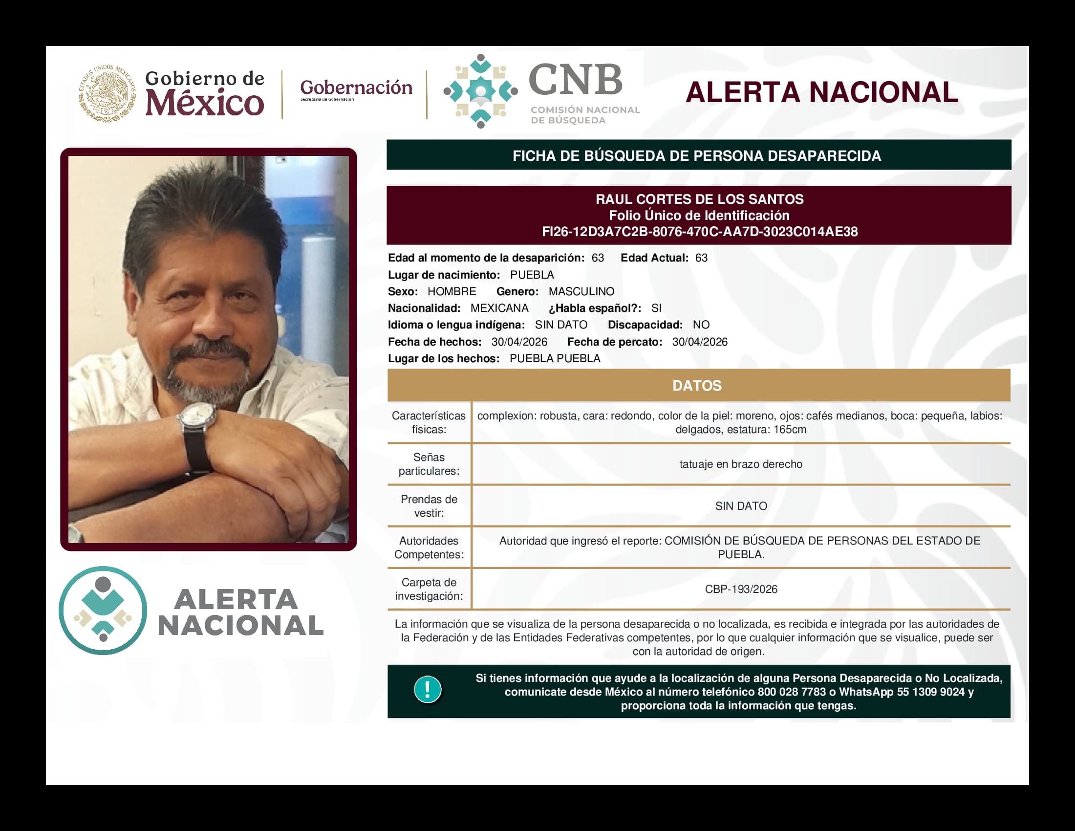 Persona desaparecida Raul Cortes De Los Santos