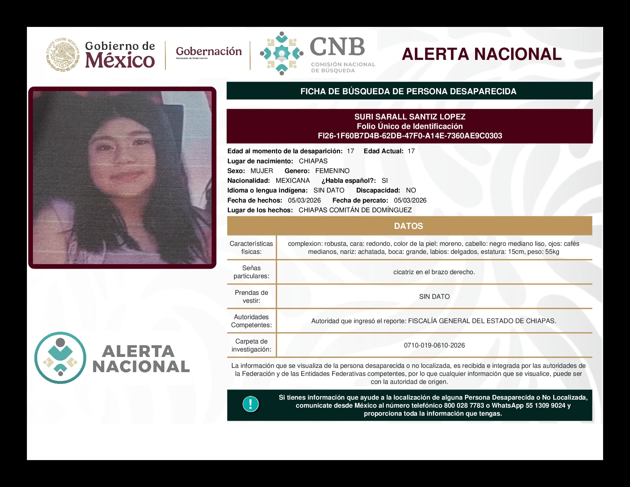 Persona desaparecida Suri Sarall Santiz Lopez