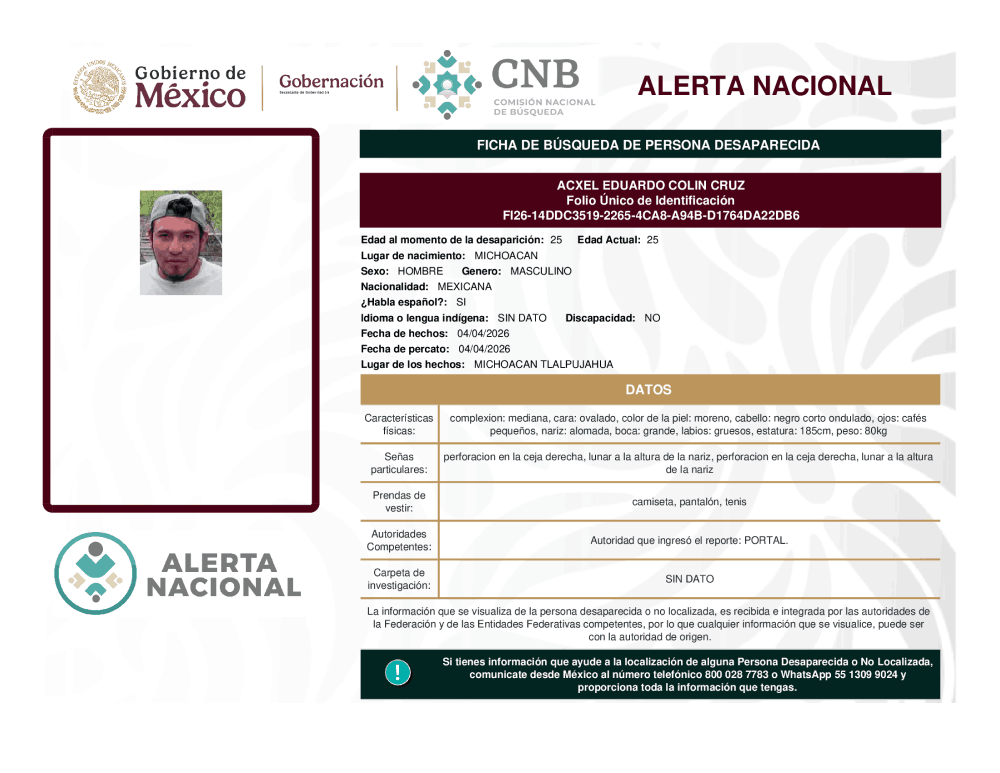 Persona desaparecida Acxel Eduardo Colin Cruz