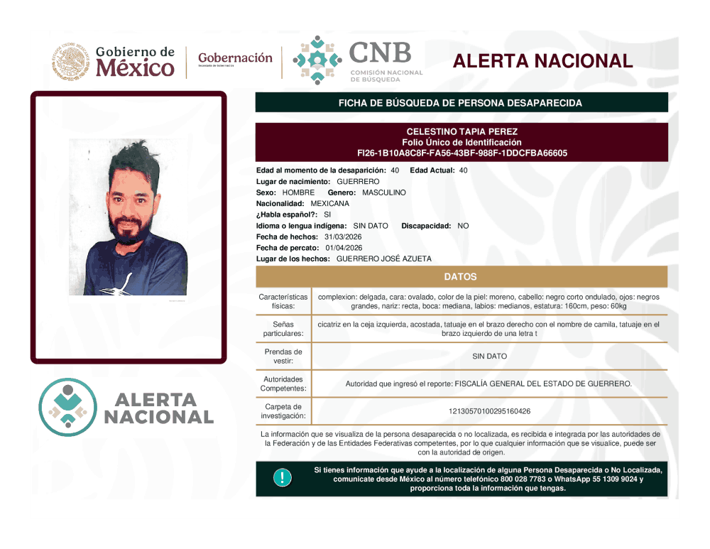 Persona desaparecida Celestino Tapia Pérez