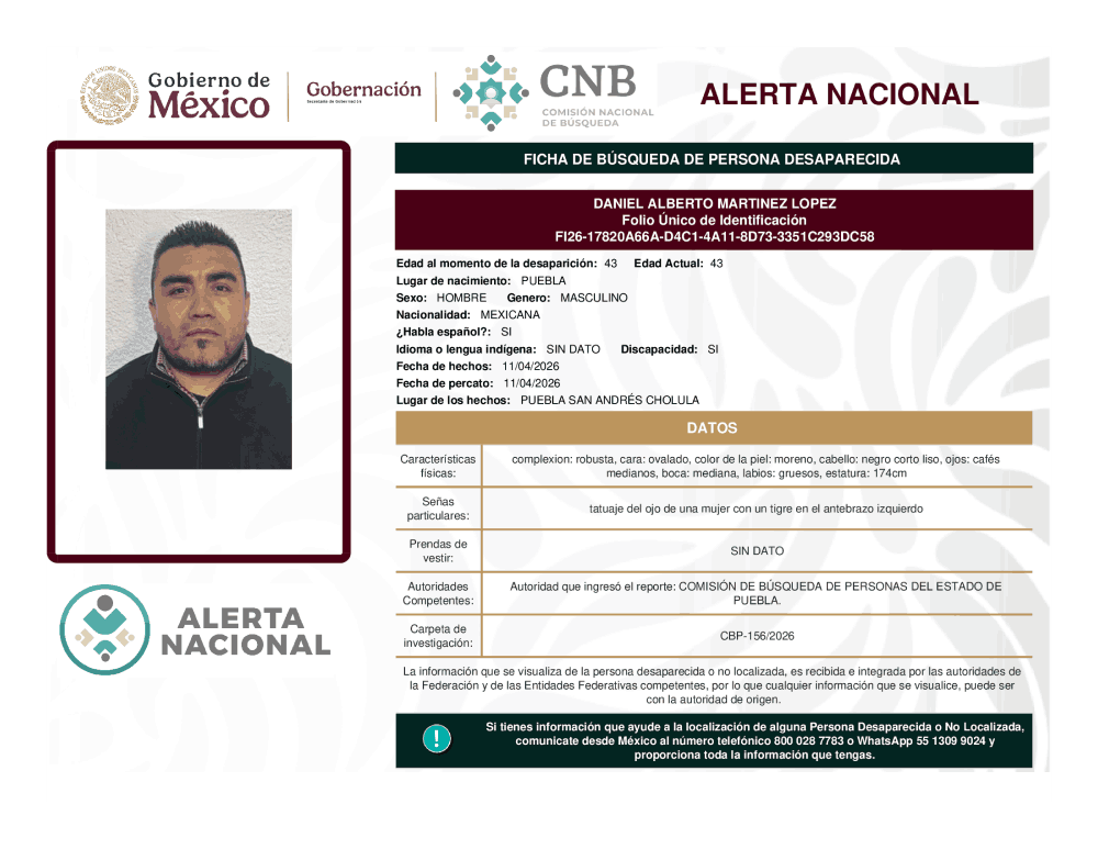 Persona desaparecida Daniel Alberto Martínez López
