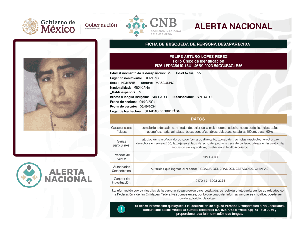 Persona desaparecida Felipe Arturo López Pérez