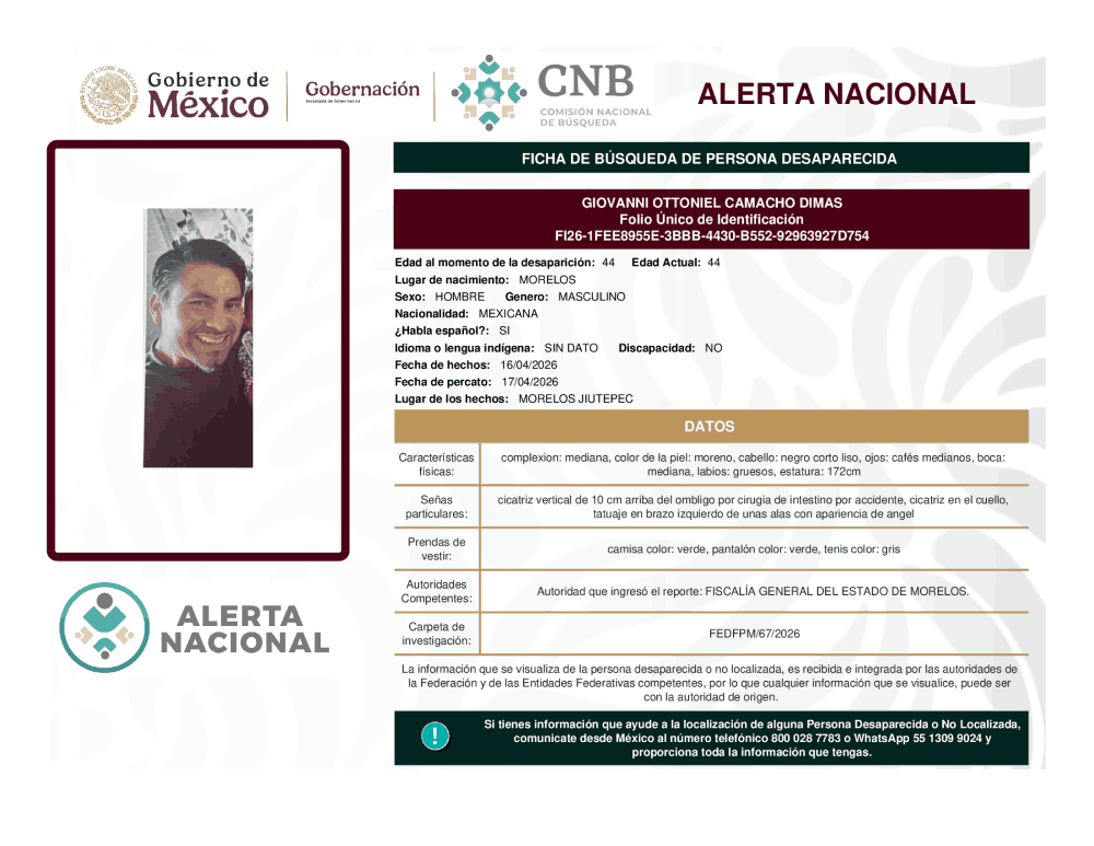Persona desaparecida Giovanni Ottoniel Camacho Dimas