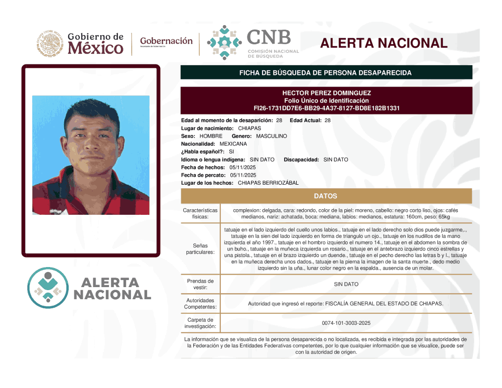 Persona desaparecida Héctor Pérez Domínguez