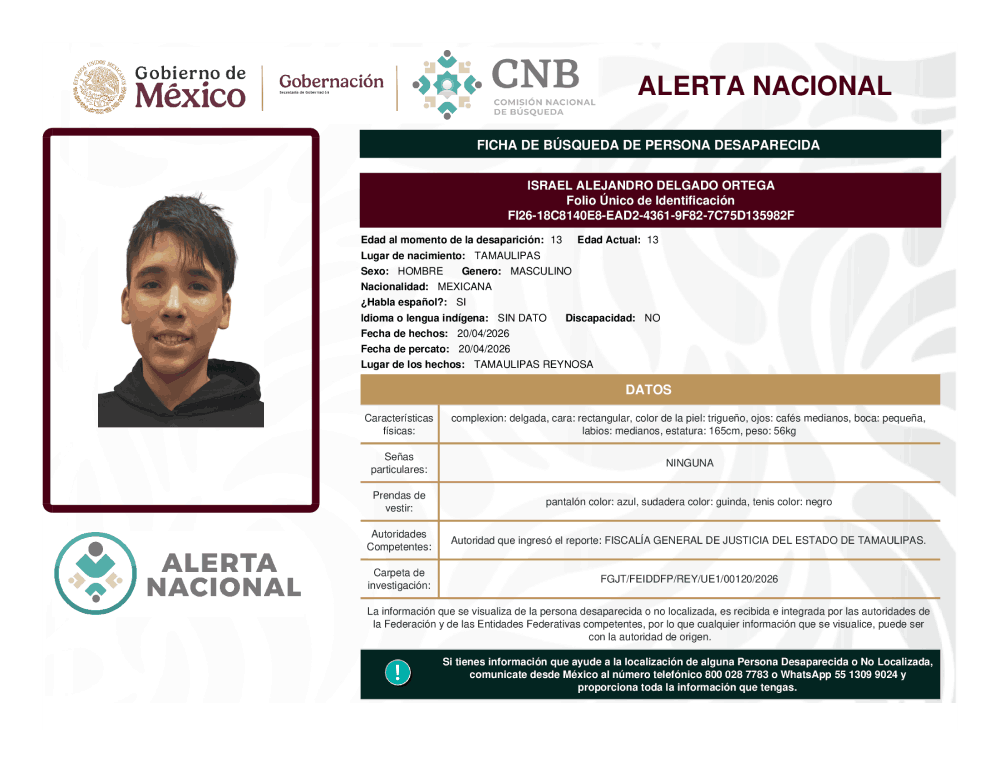 Persona desaparecida Israel Alejandro Delgado Ortega